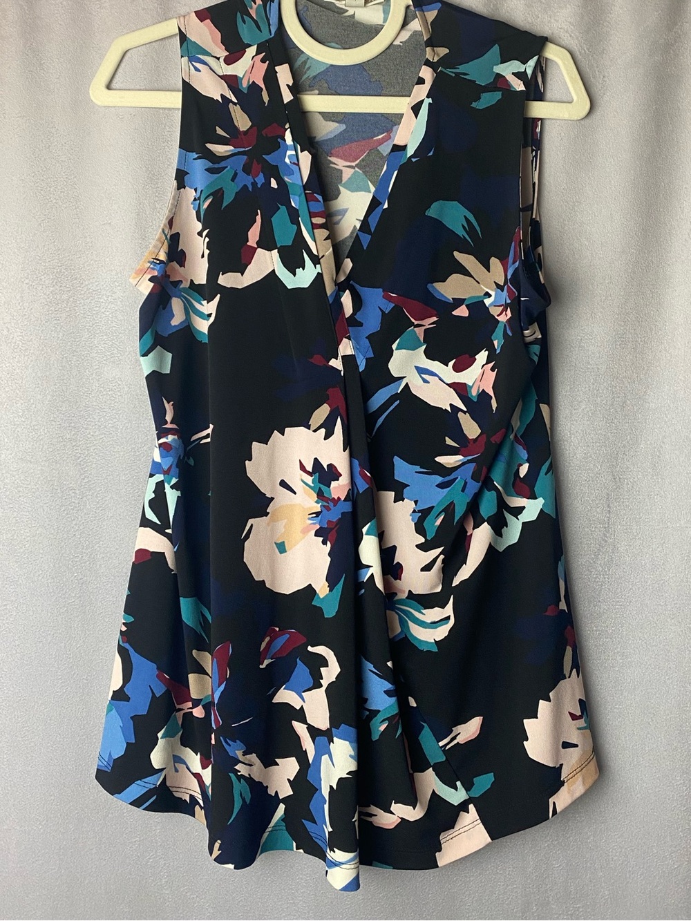Dana Buchman Sleeveless Floral Top Black/ Teal office career watercolor Sz L